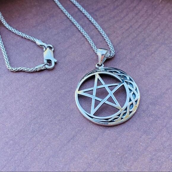 Celtic Crescent Moon And Star Sterling Silver Necklace Popcorn Chain - Picture 2 of 6